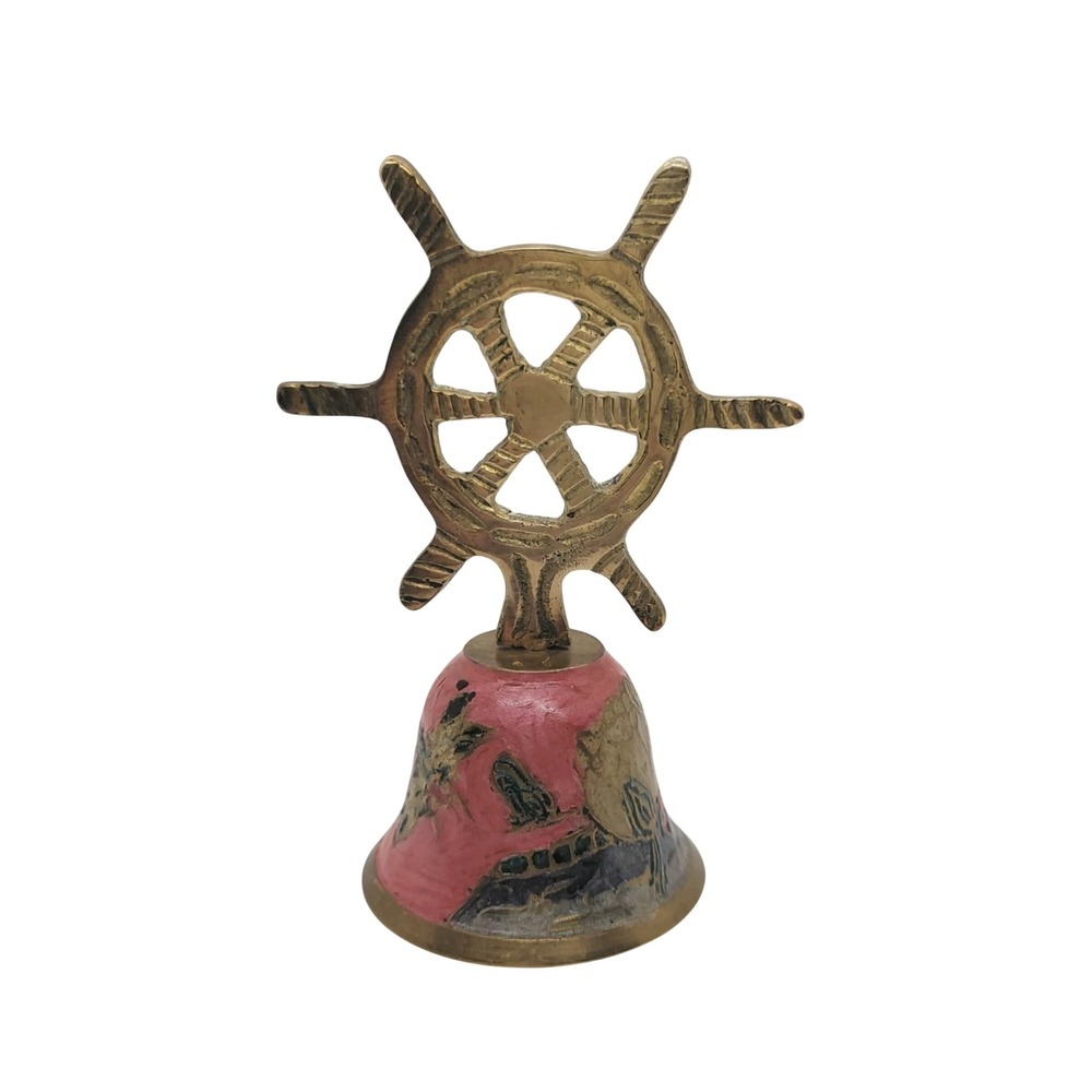 Vintage Brass and Enamel Ships Wheel Hand Bell‎ Floral Bird Made in India